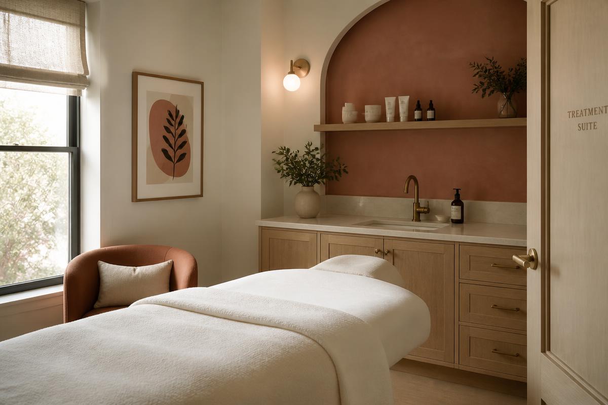 Private esthetician treatment suite in Forest Park, Georgia with in-room sink and warm clay accent wall