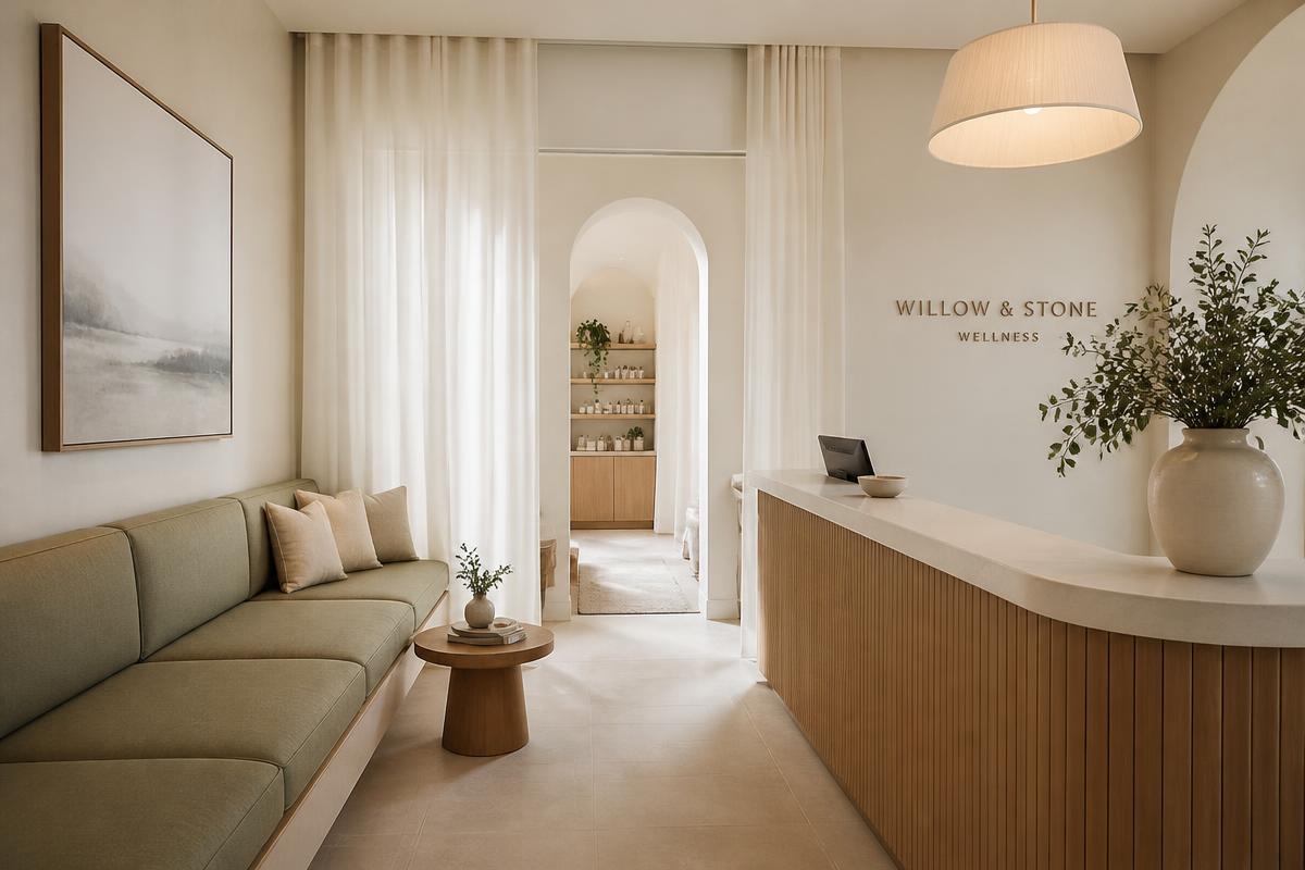 Shared spa reception and waiting lounge for esthetician suites in Forest Park, Georgia